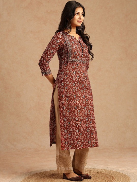 Women Brown Floral Printed With Lace Work Straight Cotton Brown Stitched Kurta