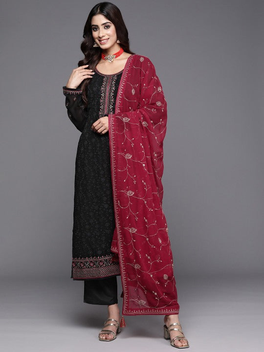 Floral Embroidered Regular Thread Work Georgette Kurta with Trousers & Dupatta