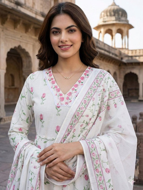 Women Floral Printed Panelled Pure Cotton Kurta with Trousers & With Dupatta