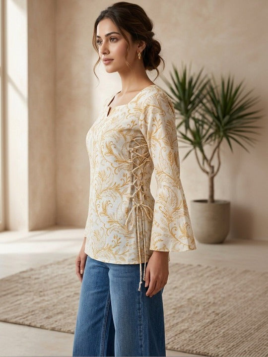 Paisley Printed Square Neck Flared Sleeves Pure Cotton Kurti