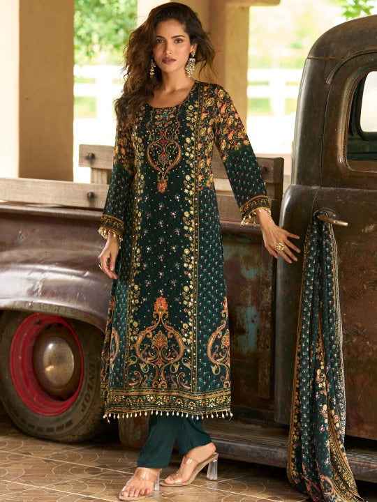 Women Ethnic Motifs Printed Regular Sequinned Silk Crepe Kurta with Trousers & With Dupatta
