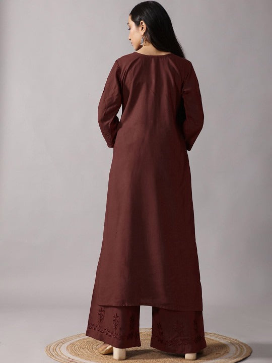 Floral Embroidered Chikankari Notch Neck Straight Kurta With Palazzos