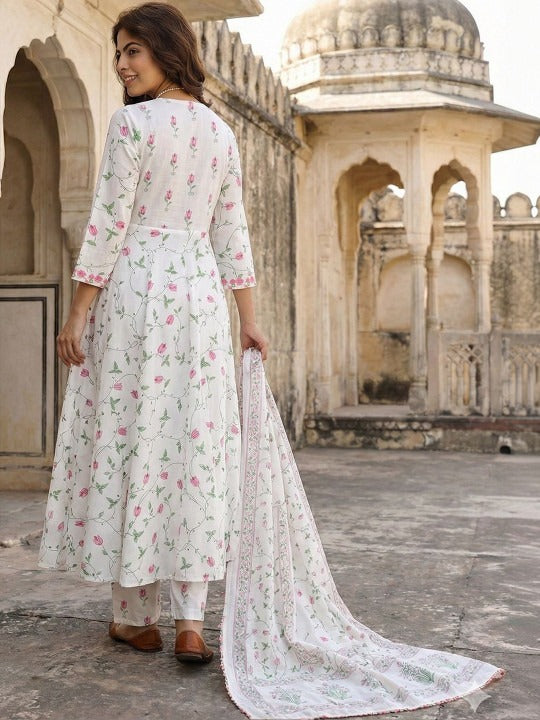 Women Floral Printed Panelled Pure Cotton Kurta with Trousers & With Dupatta