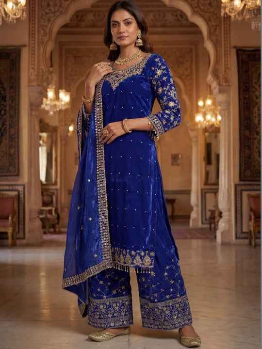 Women Ethnic Motifs Embroidered Regular Thread Work Pure Silk Kurta with Sharara & With