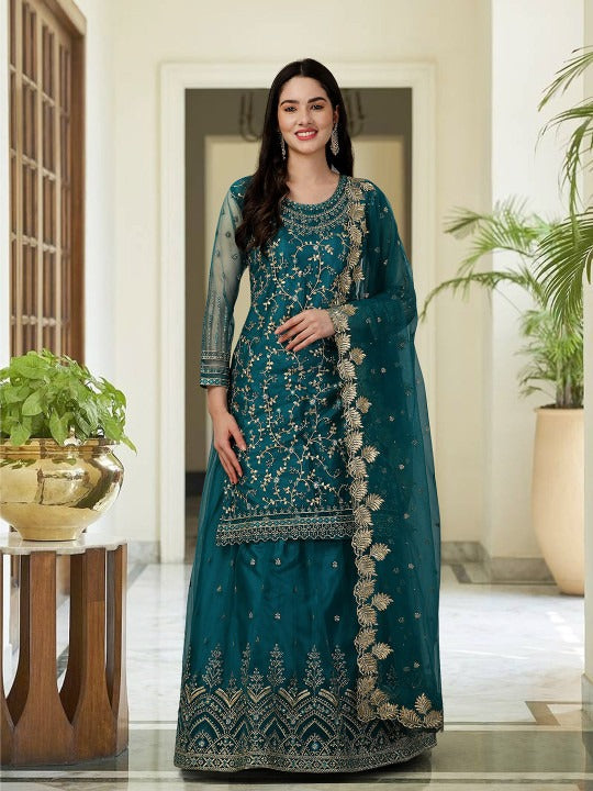 Floral Embroidered Regular Beads and Stones Kurta with Skirt & Dupatta