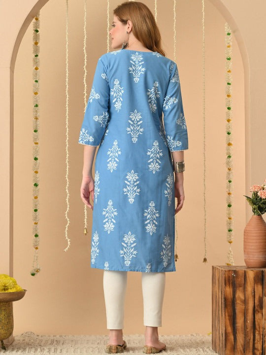 Women Floral Printed Thread Work Floral Kurta