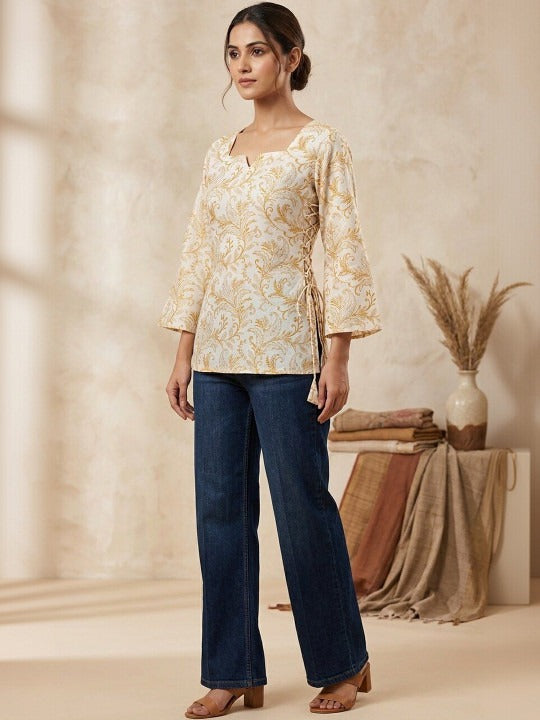 Paisley Printed Square Neck Flared Sleeves Pure Cotton Kurti