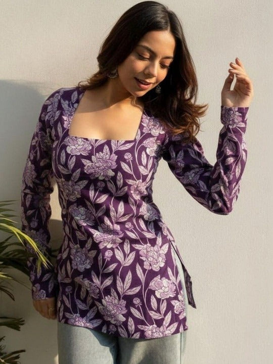 Floral Printed Square Neck Kurti