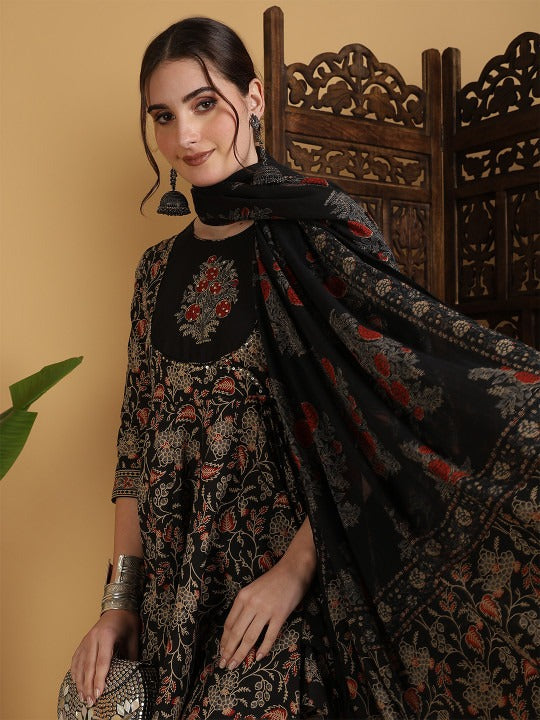 Floral Printed Anarkali Pure Cotton Kurta With Palazzos And Dupatta