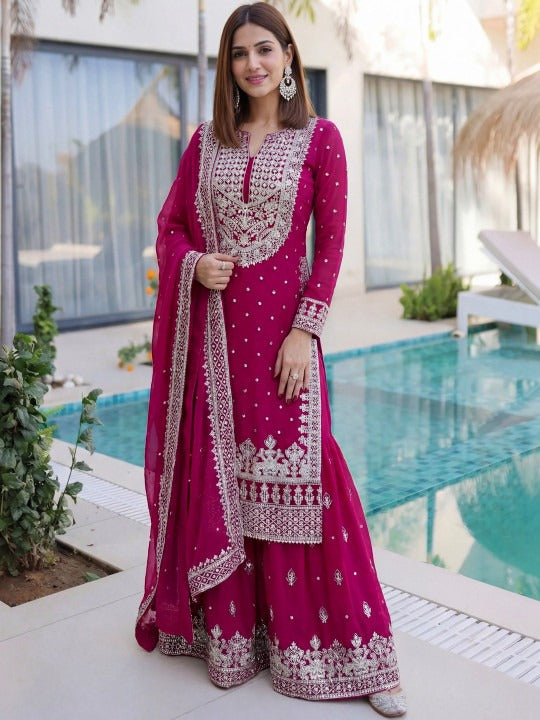 Embroidered Round Neck Straight Kurta & Sharara With Dupatta