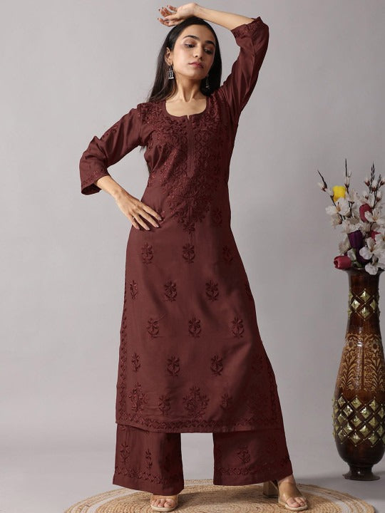 Floral Embroidered Chikankari Notch Neck Straight Kurta With Palazzos