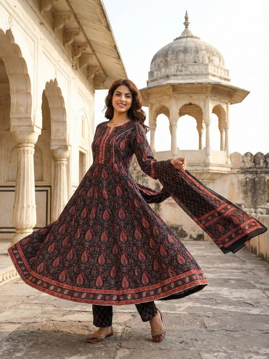 Women Ethnic Motifs Printed Regular Thread Work Pure Cotton Kurta with Trousers & With Dupatta