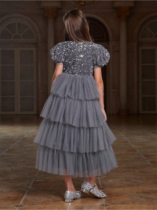 Girls Embellished Puff Sleeve Layered Net Fit and Flare Maxi Dress