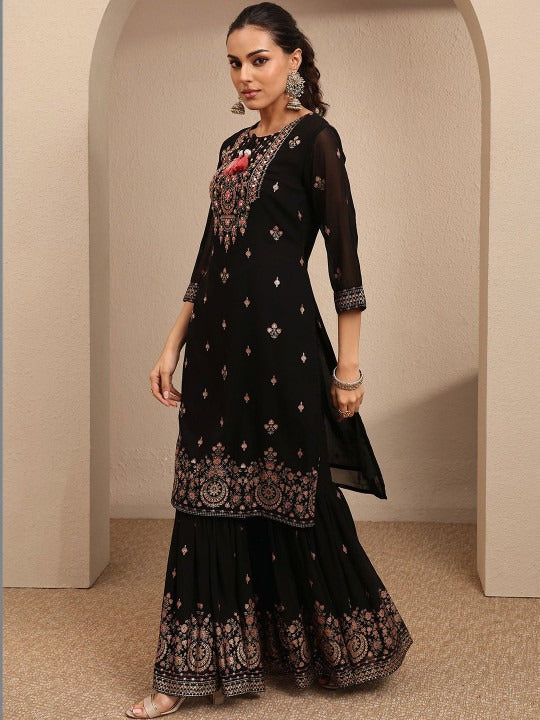 Women Ethnic Motifs Embroidered Regular Thread Work Kurta with Sharara & With Dupatta