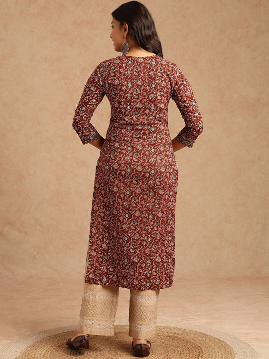 Women Brown Floral Printed With Lace Work Straight Cotton Brown Stitched Kurta