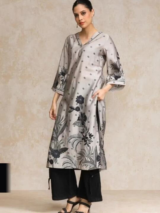 Varanga Floral Printed Flared Sleeves Straight Chanderi Cotton Kurta