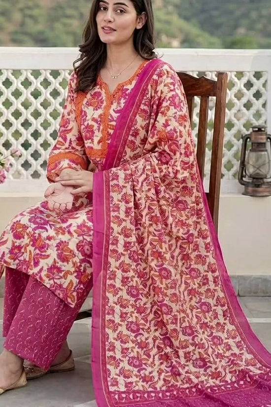 Women Floral Printed Regular Pure Cotton Kurta with Palazzos & With Dupatta