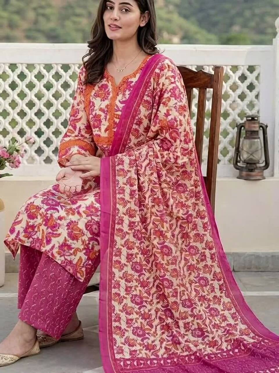 Women Floral Printed Regular Pure Cotton Kurta with Palazzos & With Dupatta