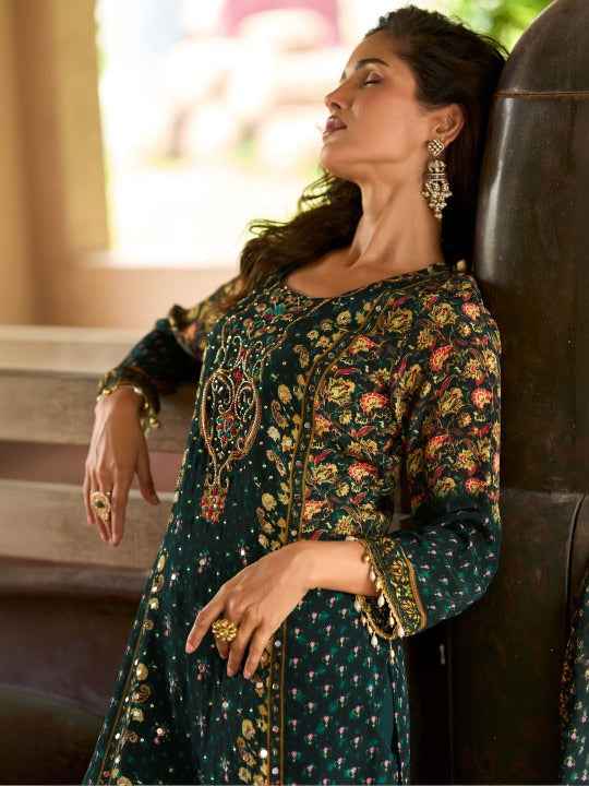 Women Ethnic Motifs Printed Regular Sequinned Silk Crepe Kurta with Trousers & With Dupatta