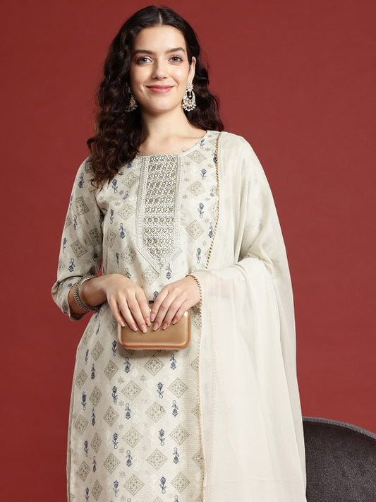 Ethnic Motifs Printed Regular Thread Work Kurta with Trousers & Dupatta