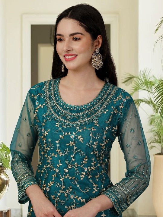 Floral Embroidered Regular Beads and Stones Kurta with Skirt & Dupatta