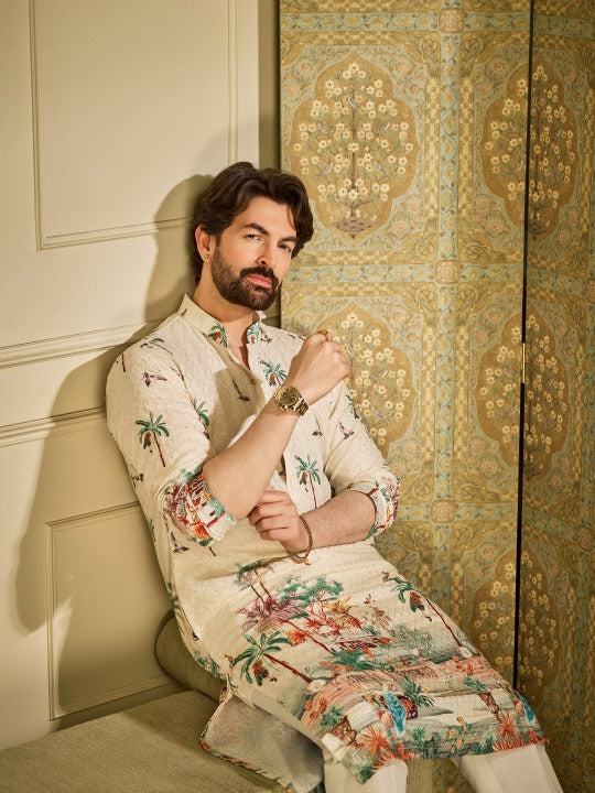 Ethnic Motifs Printed Mandarin Collar Sequinned Straight Kurtas