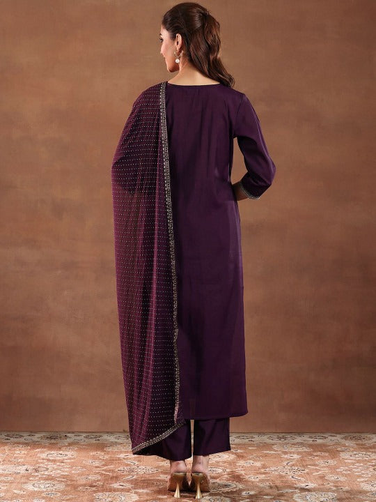 Women Floral Embroidered Regular Kurta with Trousers & With Dupatta