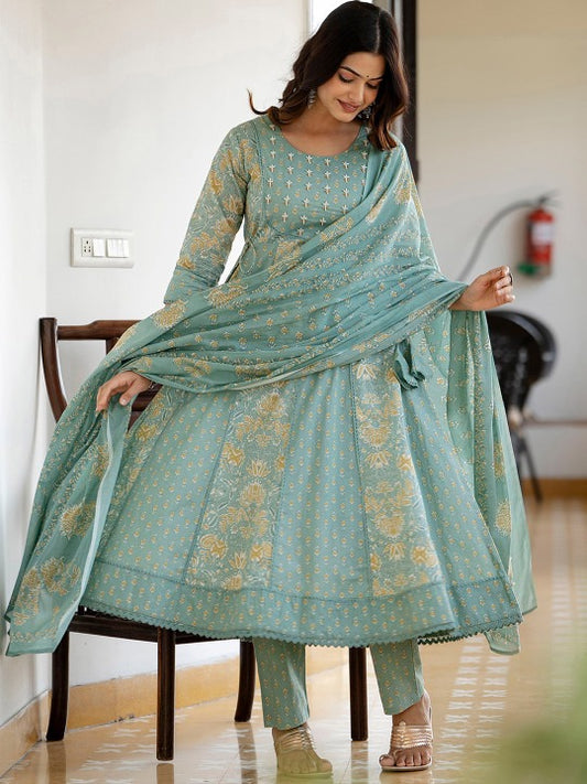 Green Floral Printed Panelled Pure Cotton Anarkali Kurta With Trousers & Dupatta