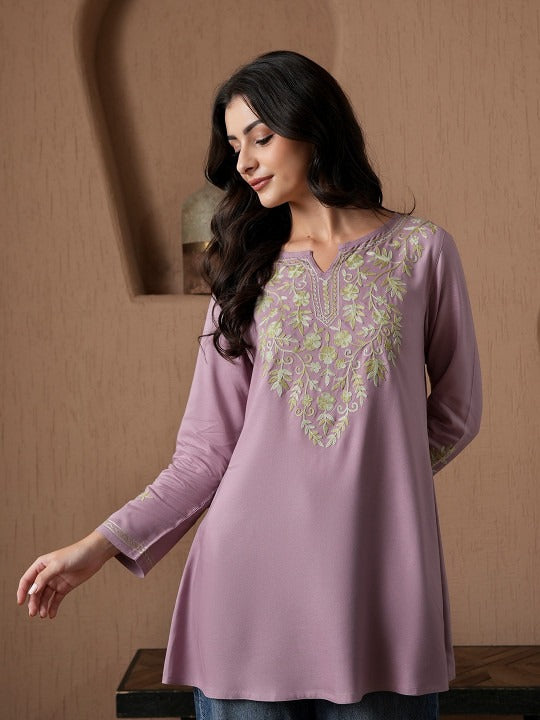 Qazmi Kashmiri Aari Work Viscose Rayon A-Line Flared Kurti