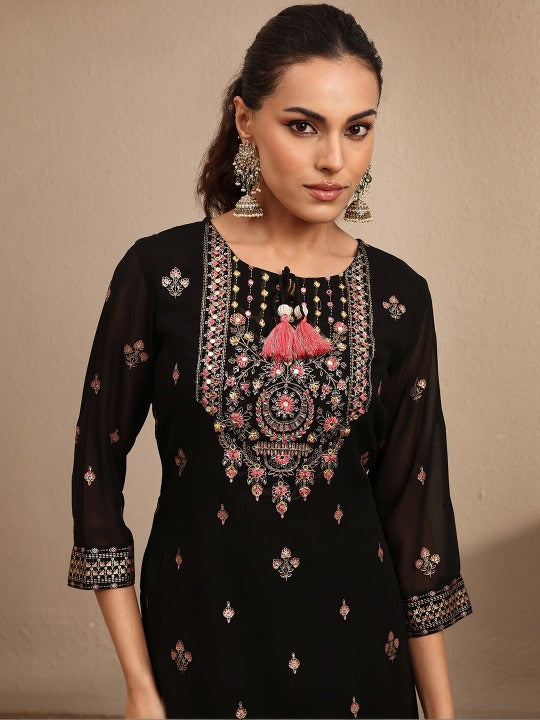 Women Ethnic Motifs Embroidered Regular Thread Work Kurta with Sharara & With Dupatta