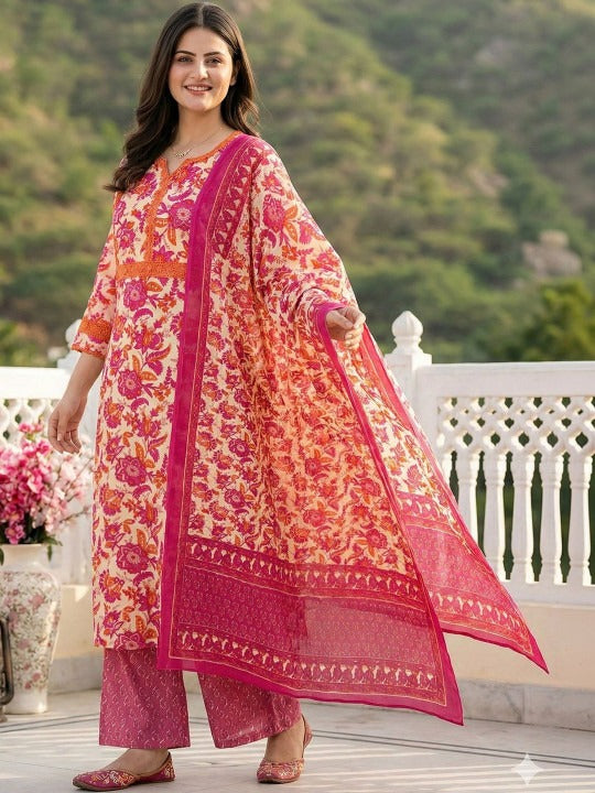 Women Floral Printed Regular Pure Cotton Kurta with Palazzos & With Dupatta