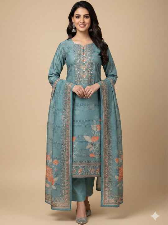 Women Floral Printed Regular Sequinned Kurta with Trousers & With Dupatta
