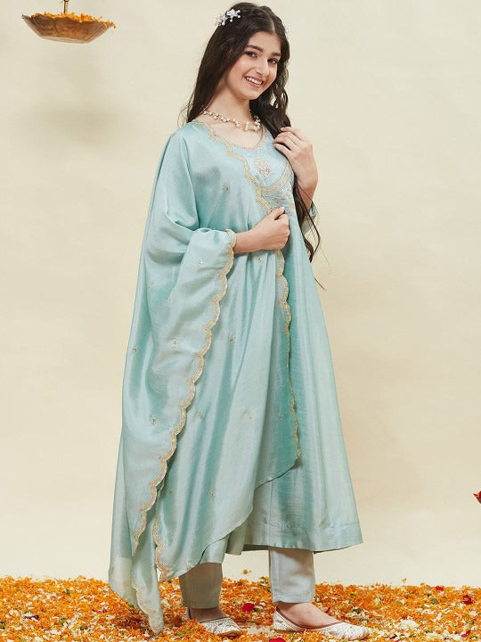 Girls Silk Embroidered Anarkali Kurta and Pant Set with Dupatta