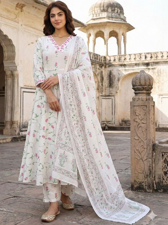 Women Floral Printed Panelled Pure Cotton Kurta with Trousers & With Dupatta