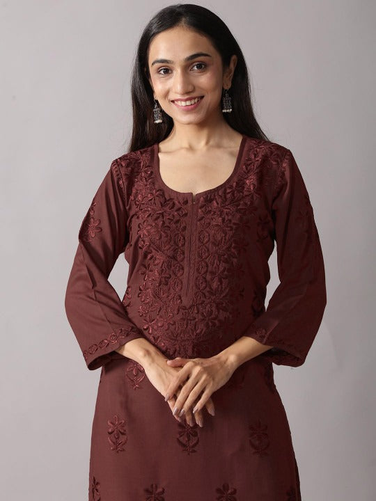 Floral Embroidered Chikankari Notch Neck Straight Kurta With Palazzos