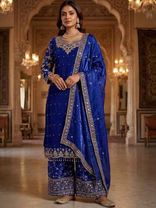Women Ethnic Motifs Embroidered Regular Thread Work Pure Silk Kurta with Sharara & With