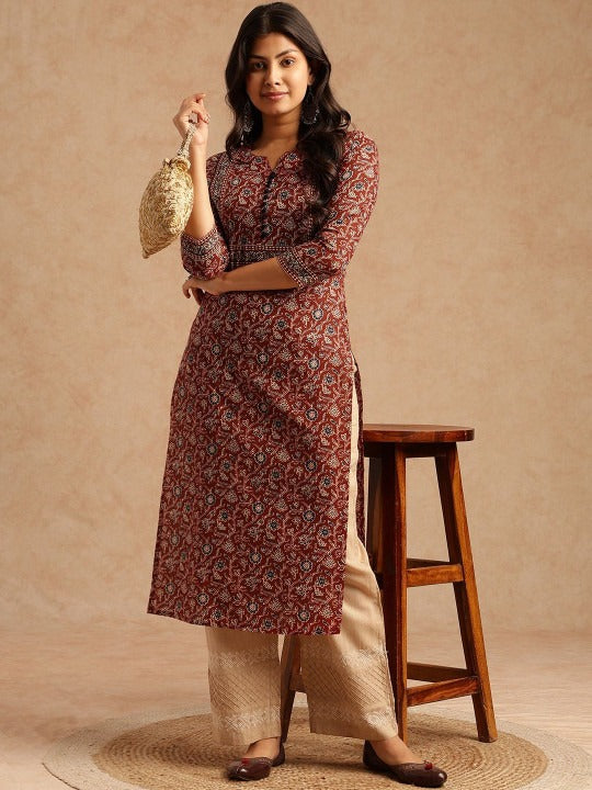 Women Brown Floral Printed With Lace Work Straight Cotton Brown Stitched Kurta