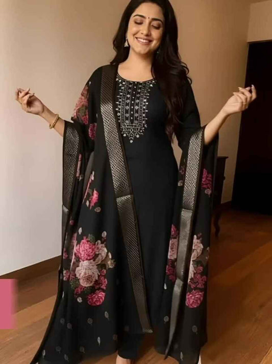 Women Floral Embroidered Regular Thread Work Kurta with Palazzos & With Dupatta
