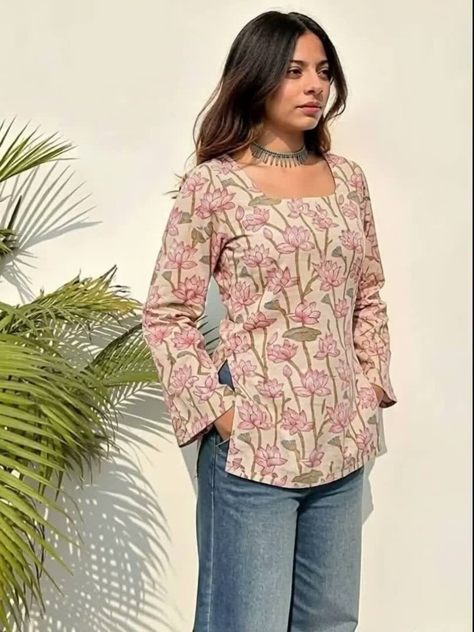 Floral Printed Square Neck Pure Cotton Kurti