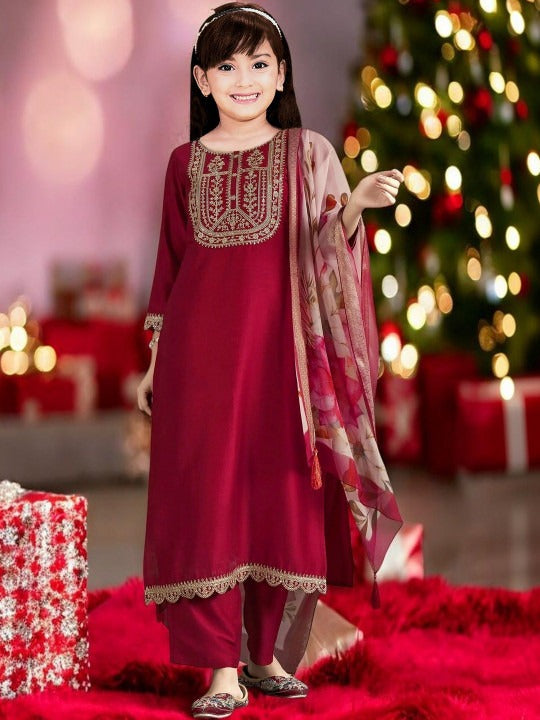 Girls Embroidered Kurta with Salwar & With Dupatta