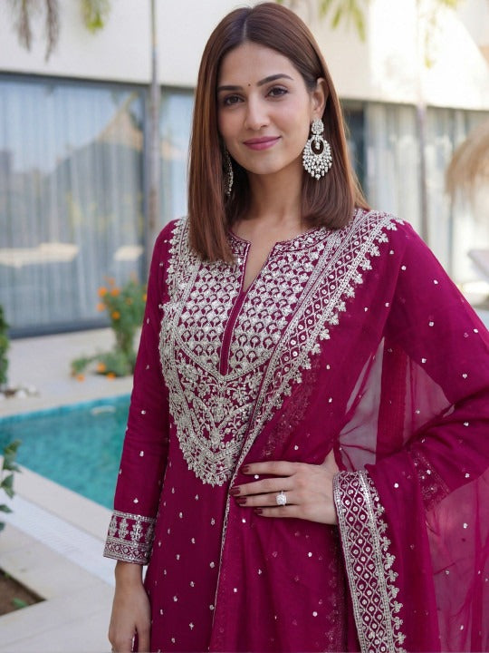 Embroidered Round Neck Straight Kurta & Sharara With Dupatta