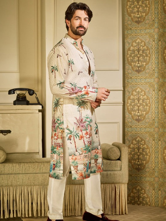Ethnic Motifs Printed Mandarin Collar Sequinned Straight Kurtas