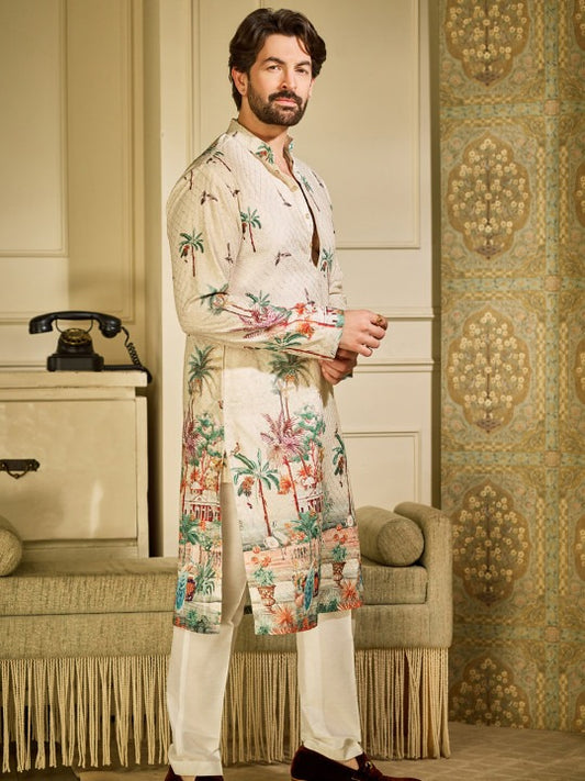 Ethnic Motifs Printed Mandarin Collar Sequinned Straight Kurtas