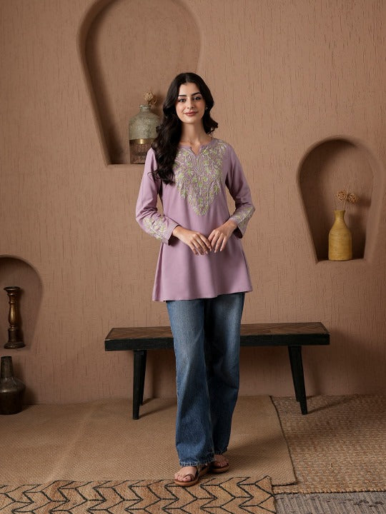 Qazmi Kashmiri Aari Work Viscose Rayon A-Line Flared Kurti