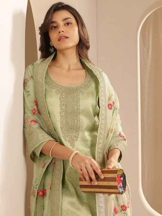 Floral Woven Design Zari Straight Kurta With Trousers And Dupatta