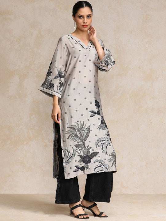 Varanga Floral Printed Flared Sleeves Straight Chanderi Cotton Kurta