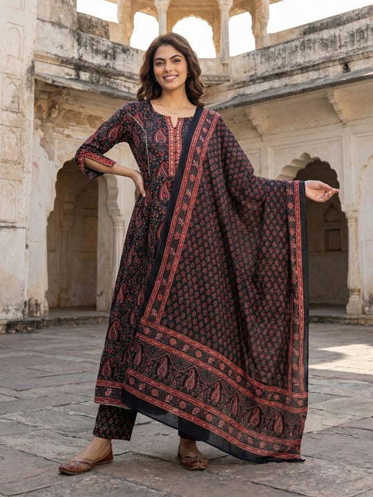 Women Ethnic Motifs Printed Regular Thread Work Pure Cotton Kurta with Trousers & With Dupatta