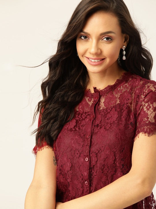 Maroon Self Design Lace Top With Slip