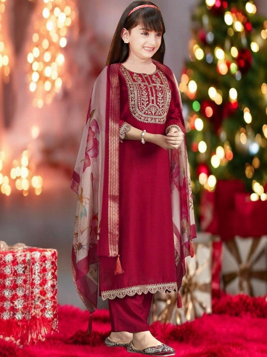 Girls Embroidered Kurta with Salwar & With Dupatta