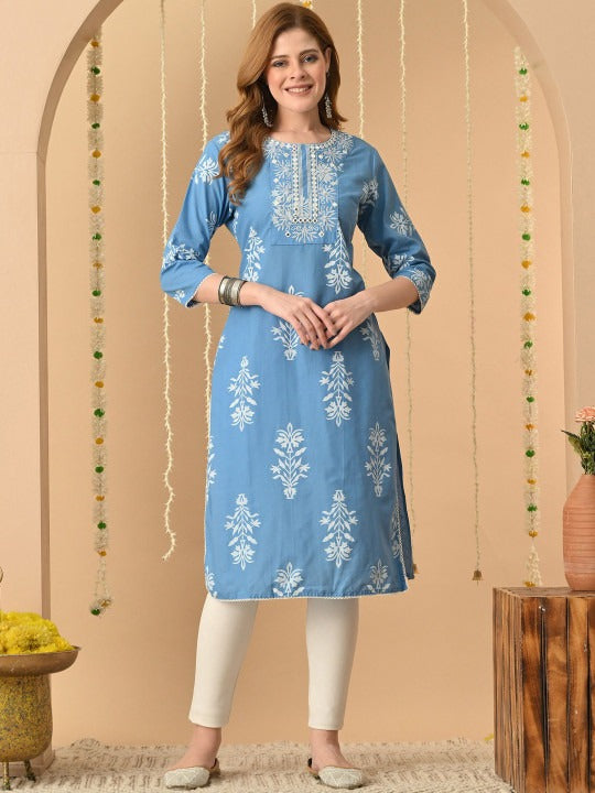 Women Floral Printed Thread Work Floral Kurta